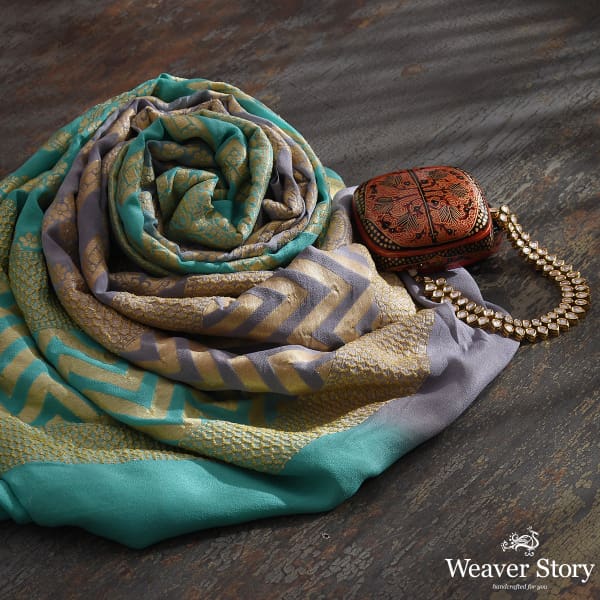 Handwoven_Green_and_Grey_Ombre_Dyed_Banarasi_Georgette_Dupatta_WeaverStory_01