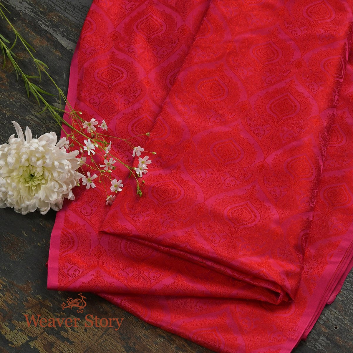 Handloom_Rani_Pink_Tanchoi_Fabric_with_Floral_Weave_WeaverStory_01
