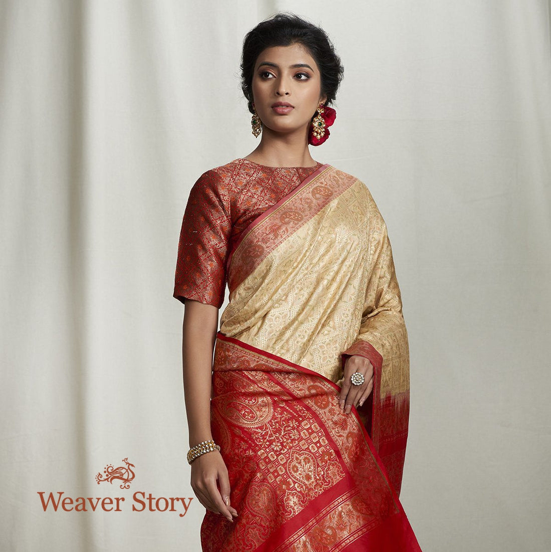 Handwoven_Cream_and_Red_Banarasi_Gharchola_Saree_WeaverStory_01