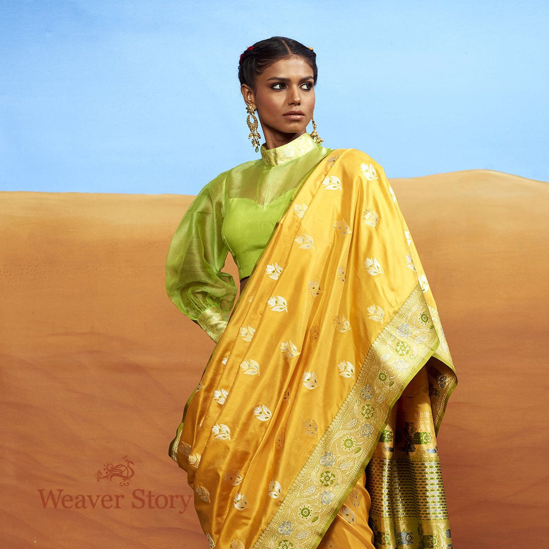 Handwoven_Mustard_Yellow_Saree_with_Green_Border_WeaverStory_01