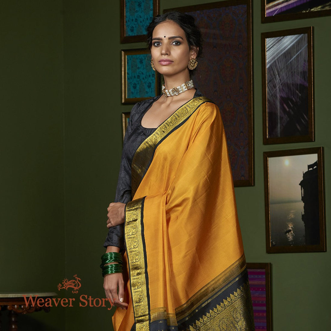 Handloom_Yellow_Kanjivaram_Silk_Saree_with_Black_Border_and_Pallu_WeaverStory_01