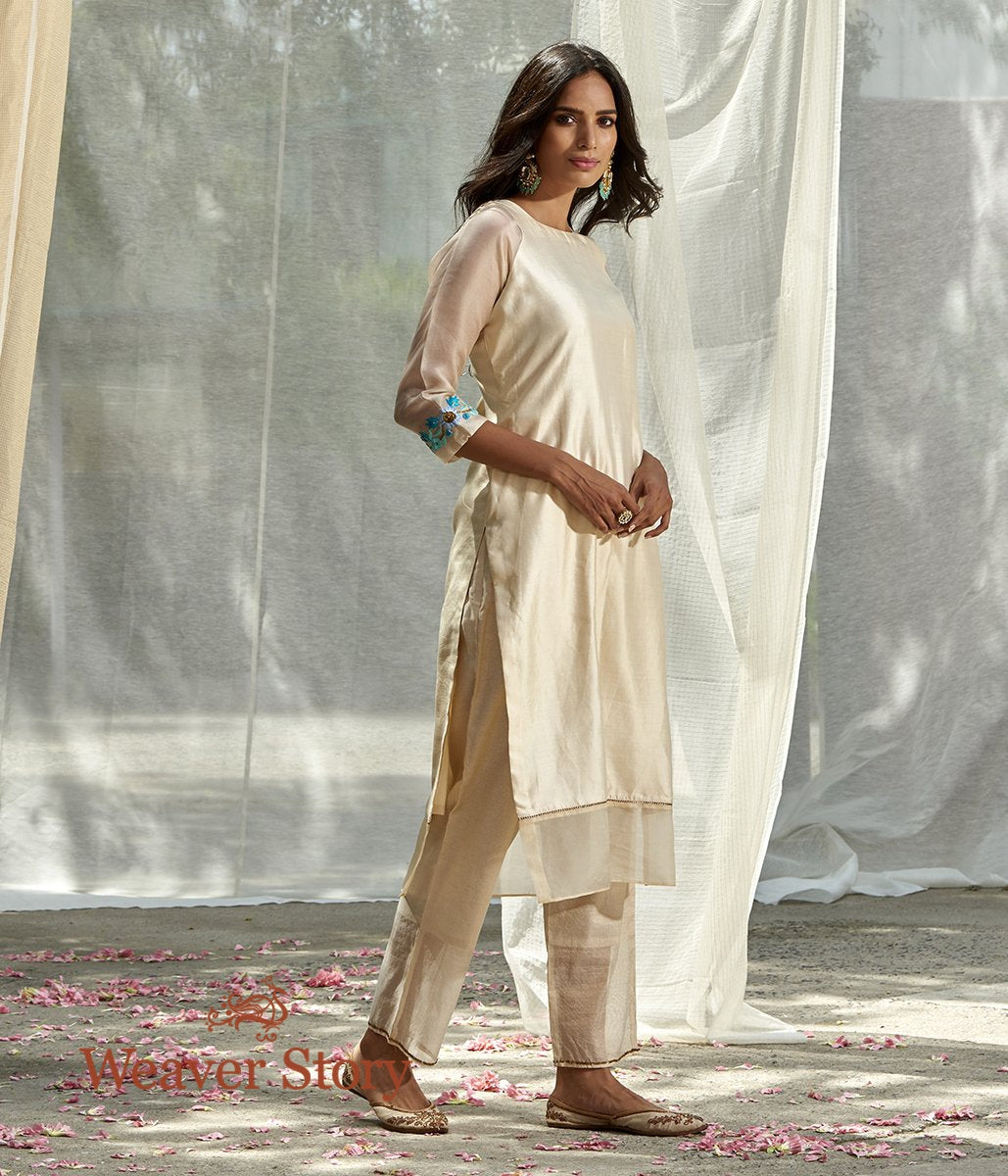 Handwoven_Ivory_Spun_Silk_Kurta_with_Embroidered_Cuffs_and_Ivory_Striped_Pants_WeaverStory_01