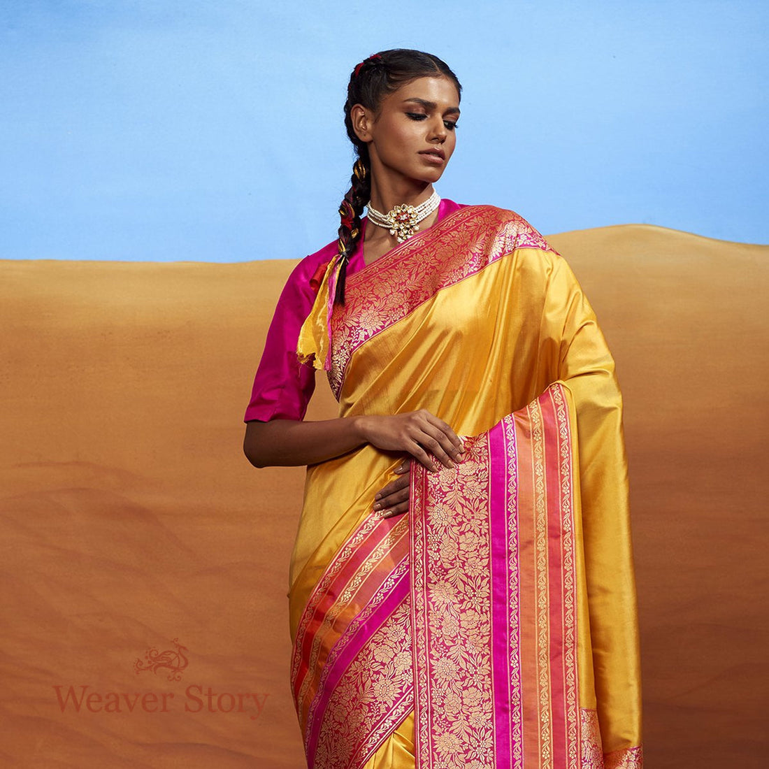 Handloom_Yellow_Plain_Ektara_Saree_with_Pink_Kadhiyal_Border_WeaverStory_01