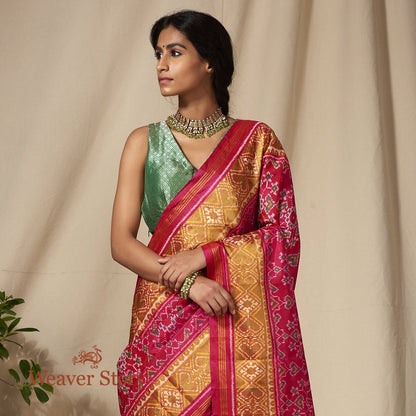 Handwoven_Pink_Gujarat_Patola_Saree_with_Gold_Tissue_Border_WeaverStory_01