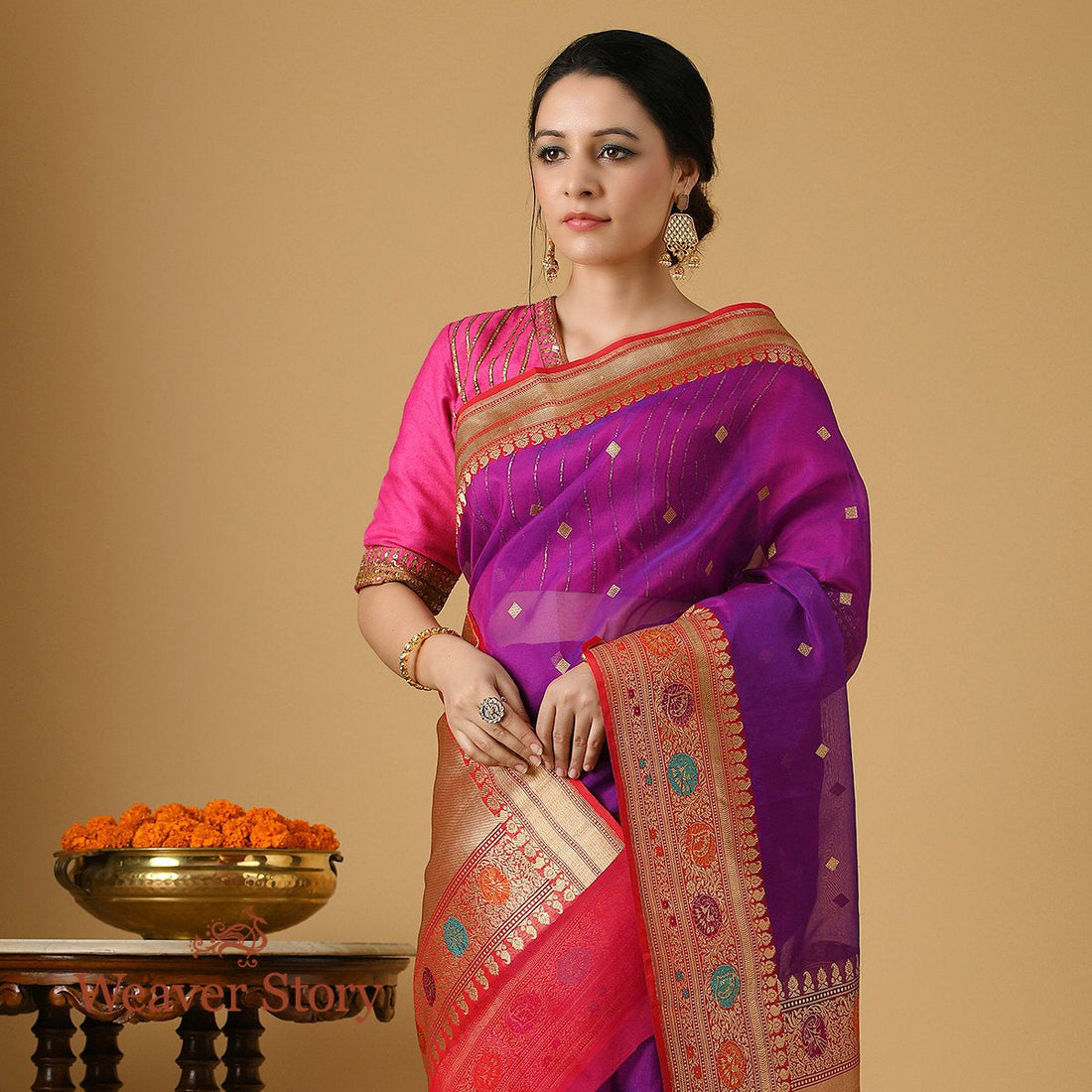 Handloom_Purple_and_Red_Meenakari_Border_Organza_Saree_WeaverStory_01