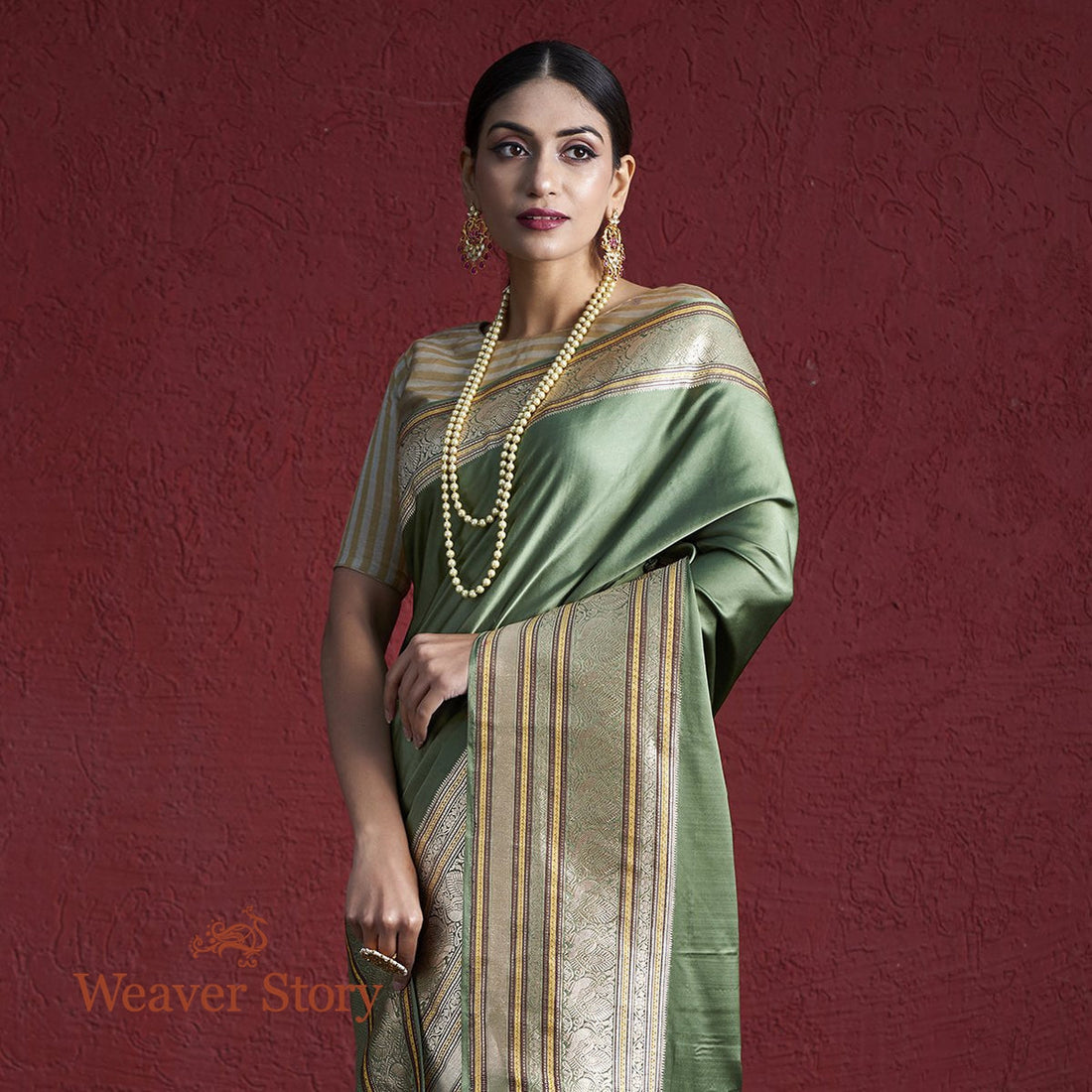 Handloom_Sage_Green_Satin_Saree_with_Heavy_Border_WeaverStory_01