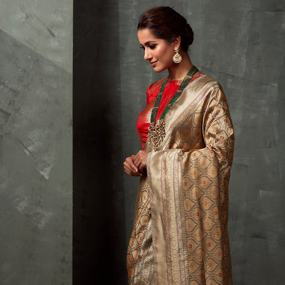 Handwoven_Beige_and_Grey_Kimkhab_Saree_with_Floral_Border_WeaverStory_01