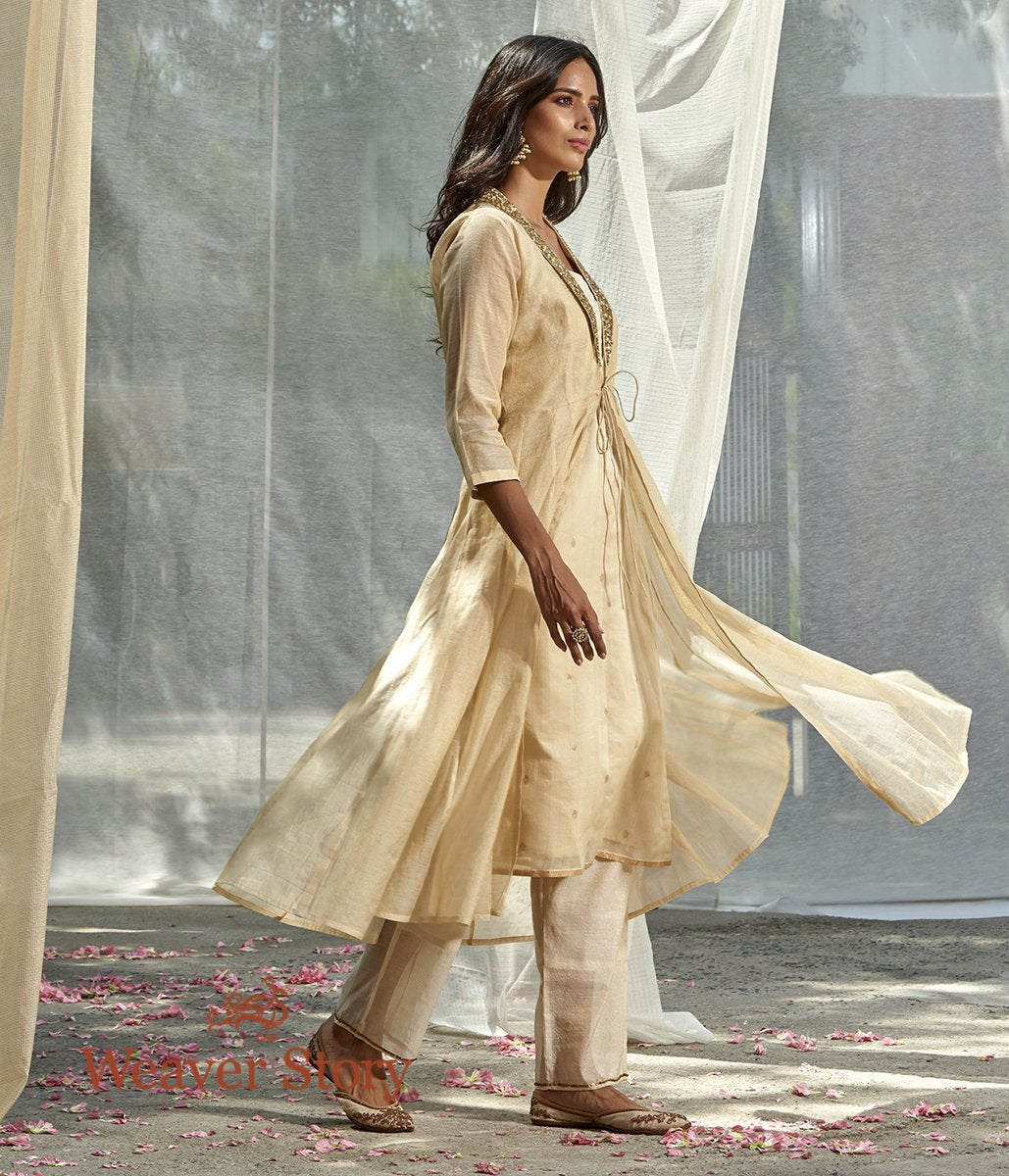 Handwoven_Offwhite_Chanderi_Tissue_Anarkali_Suit_Set_WeaverStory_01