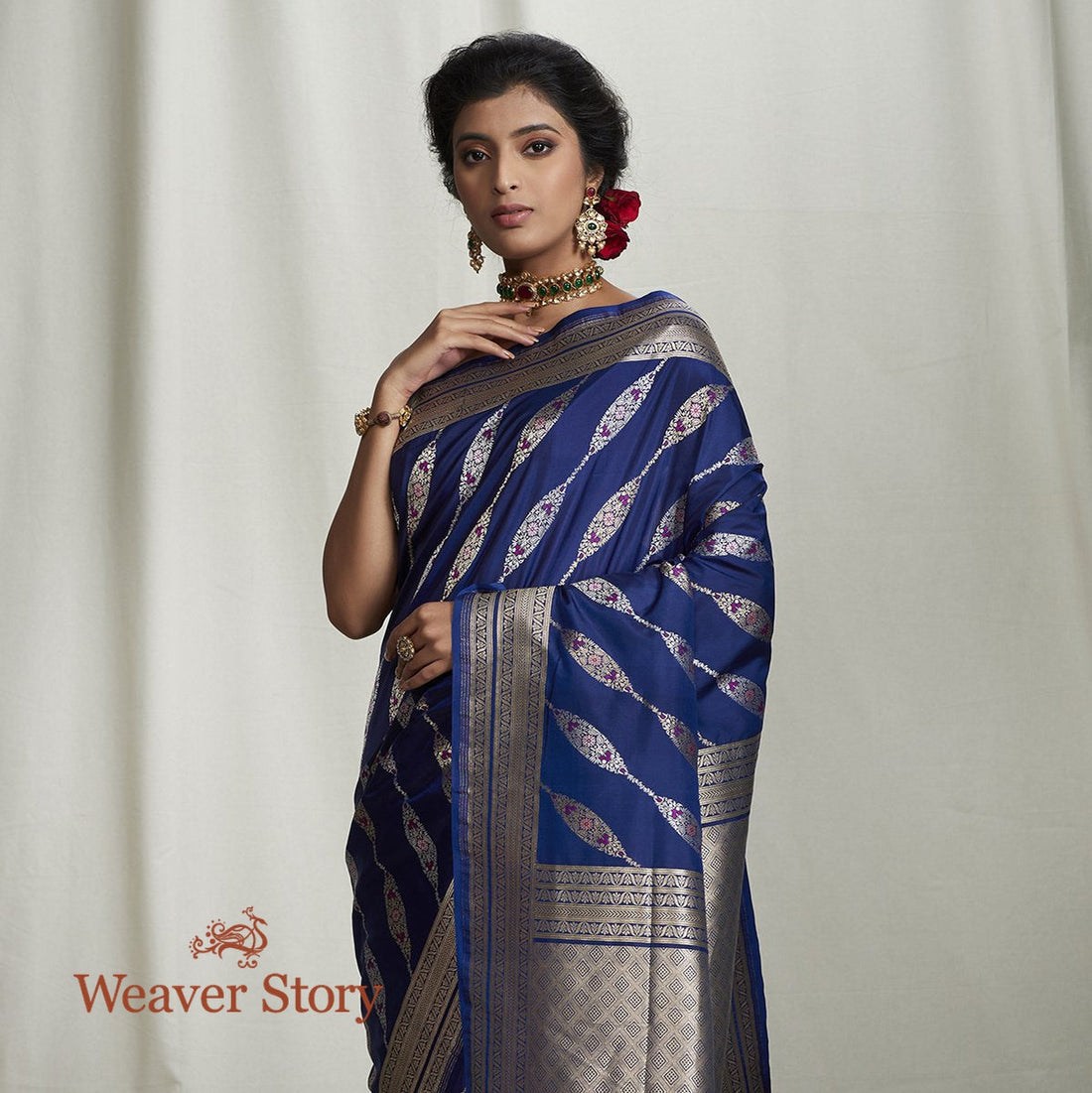 Handwoven_Blue_Banarasi_Saree_with_Diagonal_Meenakari_Bel_WeaverStory_01