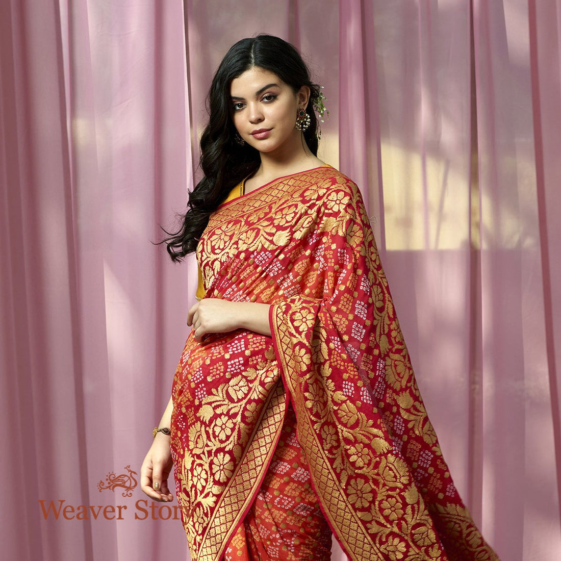Handwoven_Orange_Red_Banarsi_Bandhej_Saree_WeaverStory_01