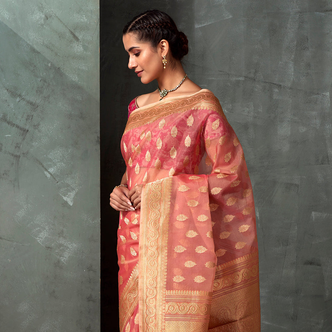 Handloom_Rose_Pink_Kora_Saree_with_Kadhwa_Booti_WeaverStory_01
