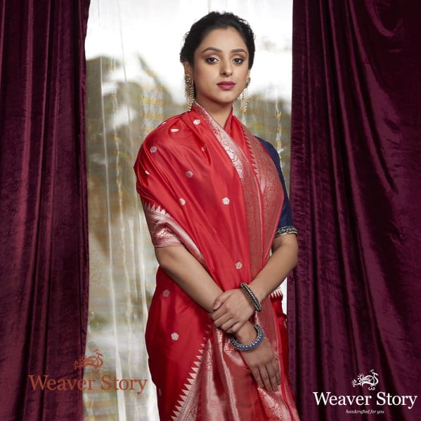 Handwoven_Red_Kadhwa_Booti_Saree_with_Zari_Temple_Border_WeaverStory_01