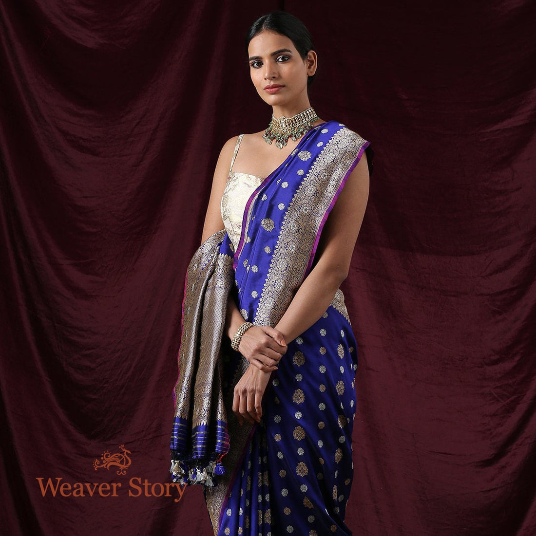 Handwoven_Blue_Kadhwa_Booti_Banarasi_Saree_WeaverStory_01