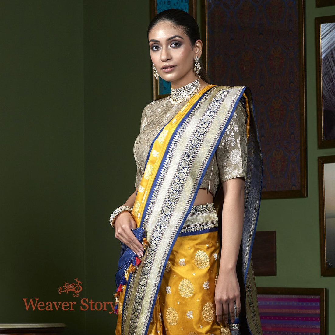 Handloom_Mustard_Kadhwa_Booti_Saree_with_Blue_Border_WeaverStory_01