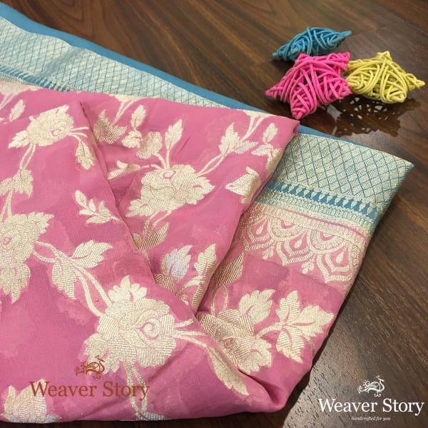 Handwoven_Pink_Banarasi_Georgette_Dupatta_with_Blue_Borders_WeaverStory_01