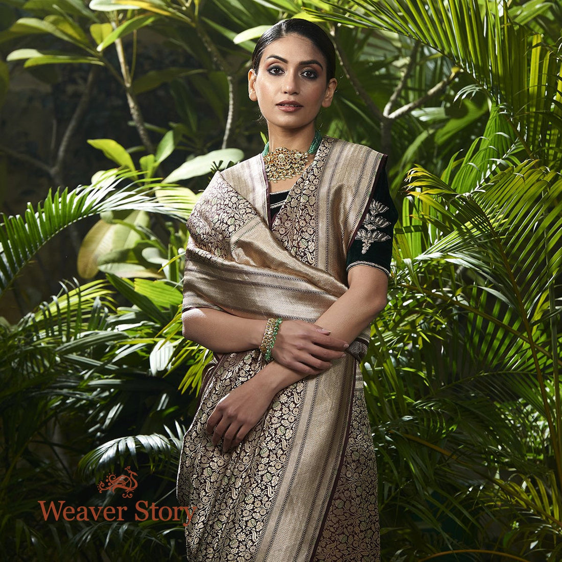Handwoven_Wine_Kimkhab_Saree_with_Green_Meenakari_WeaverStory_01