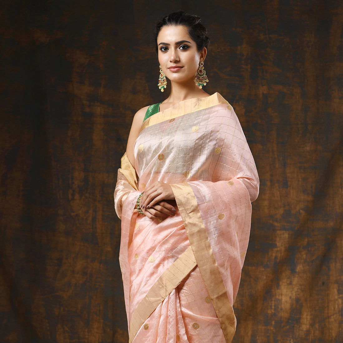 Handloom_Peach_Silk_Chanderi_Saree_with_Checks_and_Asharfi_Booti_WeaverStory_01