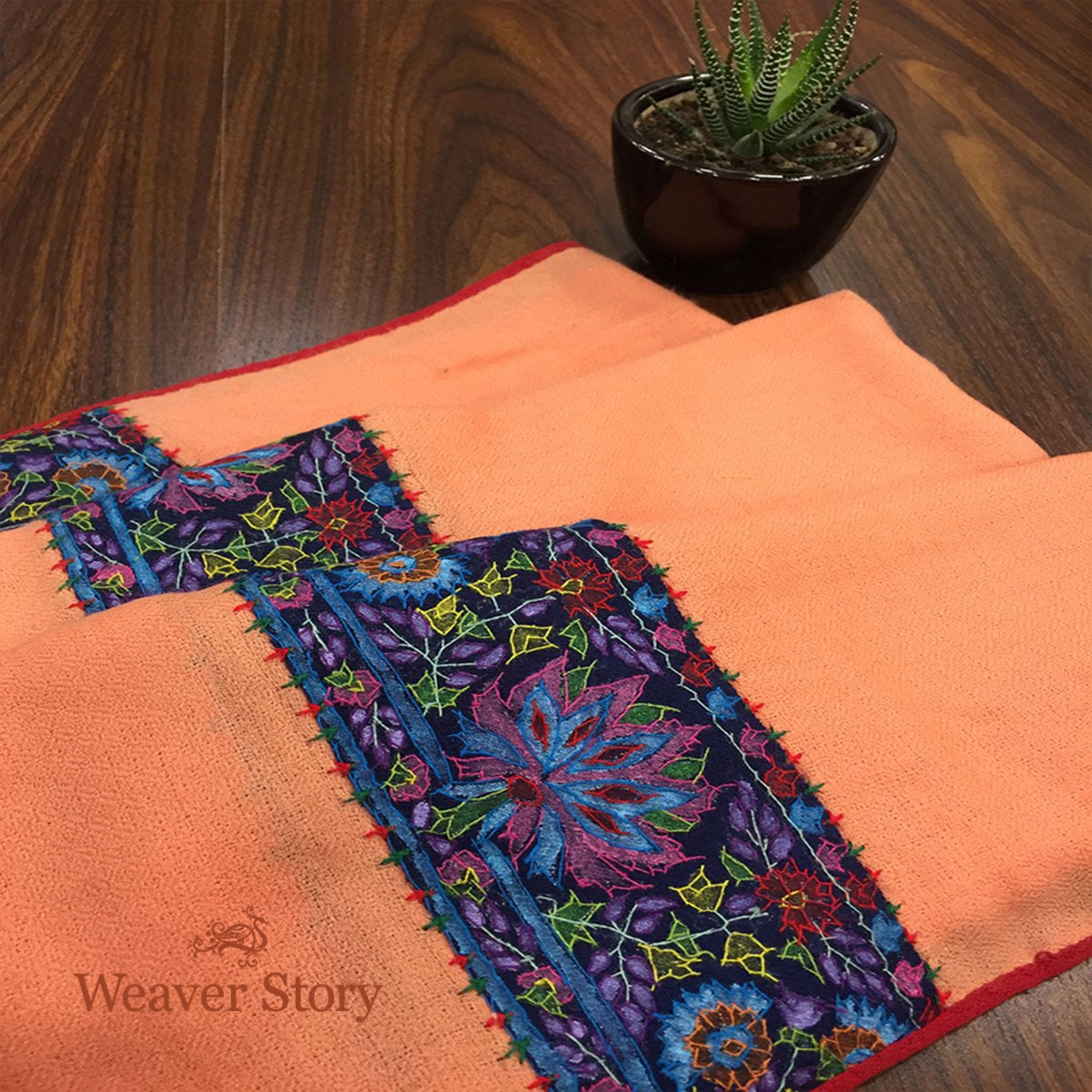 Peach_Pashmina_Stole_with_Blue_Border_WeaverStory_01