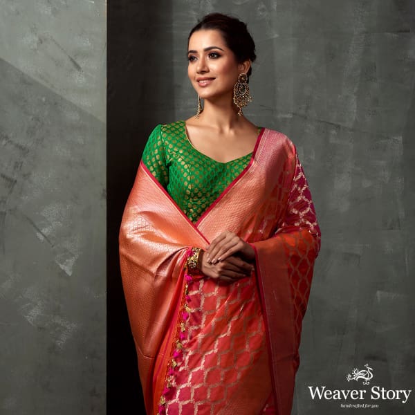 Handwoven_Orange_Cutwork_Jangla_Saree_WeaverStory_01