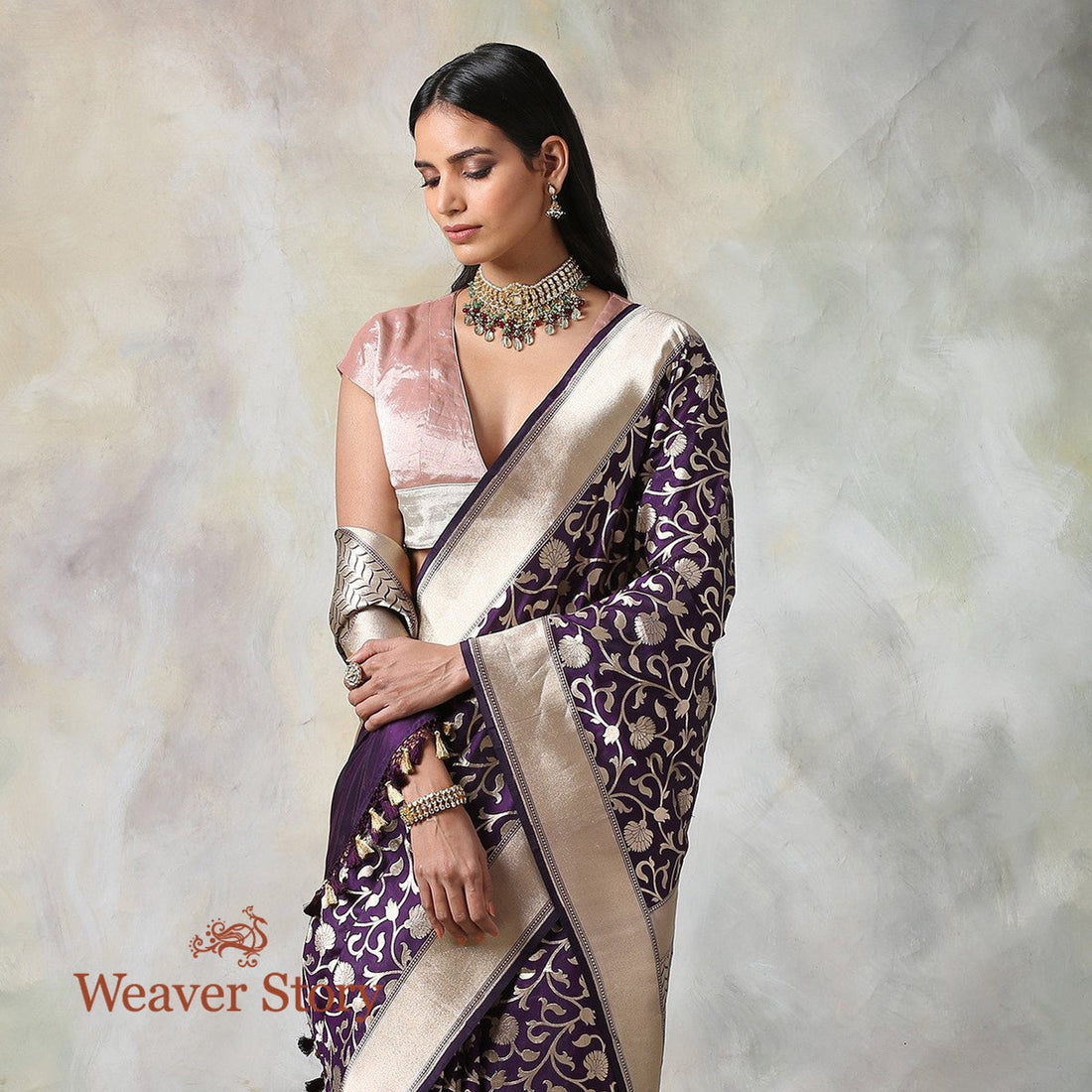 Handwoven_Purple_Banarasi_Saree_with_Cutwork_Jaal_WeaverStory_01