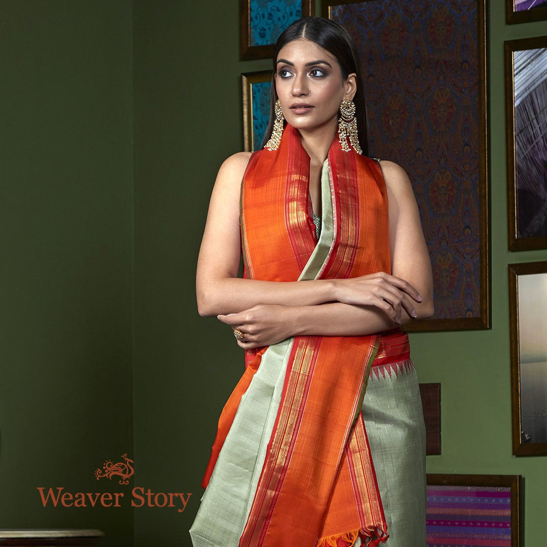 Handwoven_Beige_Kanjivaram_Saree_with_Orange_Temple_Border_WeaverStory_01