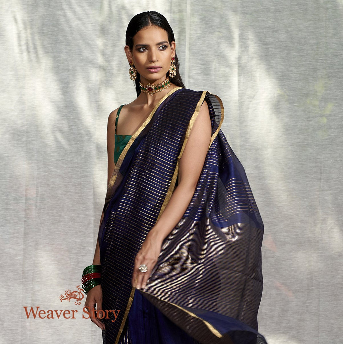 Handwoven_Blue_Merecrised_Cotton_Silk_Saree_with_Zari_Stripes_WeaverStory_01