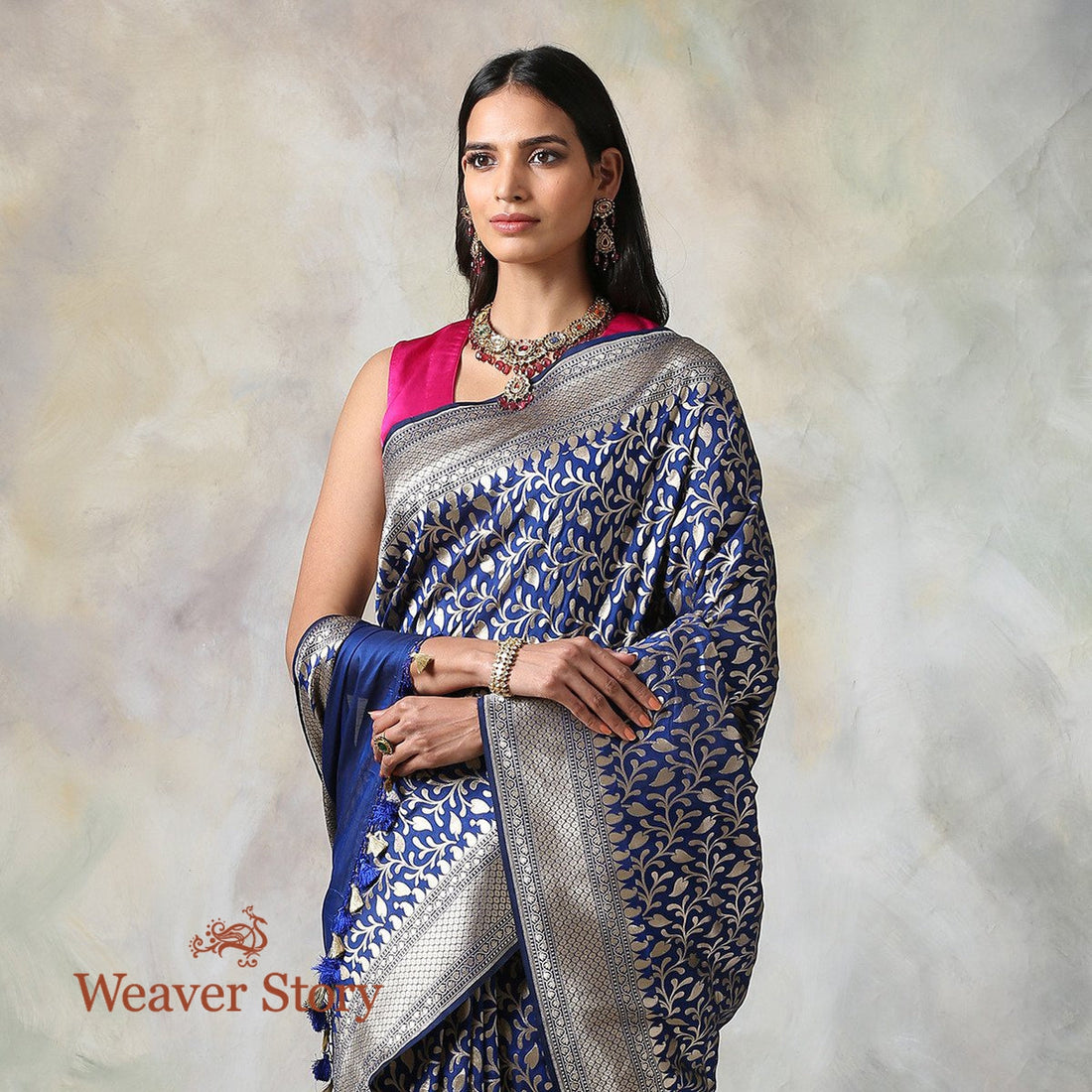 Handwoven_Blue_Katan_Silk_Saree_with_Cutwork_Jaal_WeaverStory_01