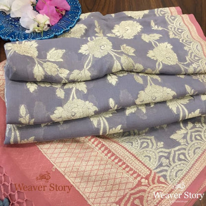 Handwoven_Grey_Banarasi_Georgette_Dupatta_with_Pink_Border_WeaverStory_01