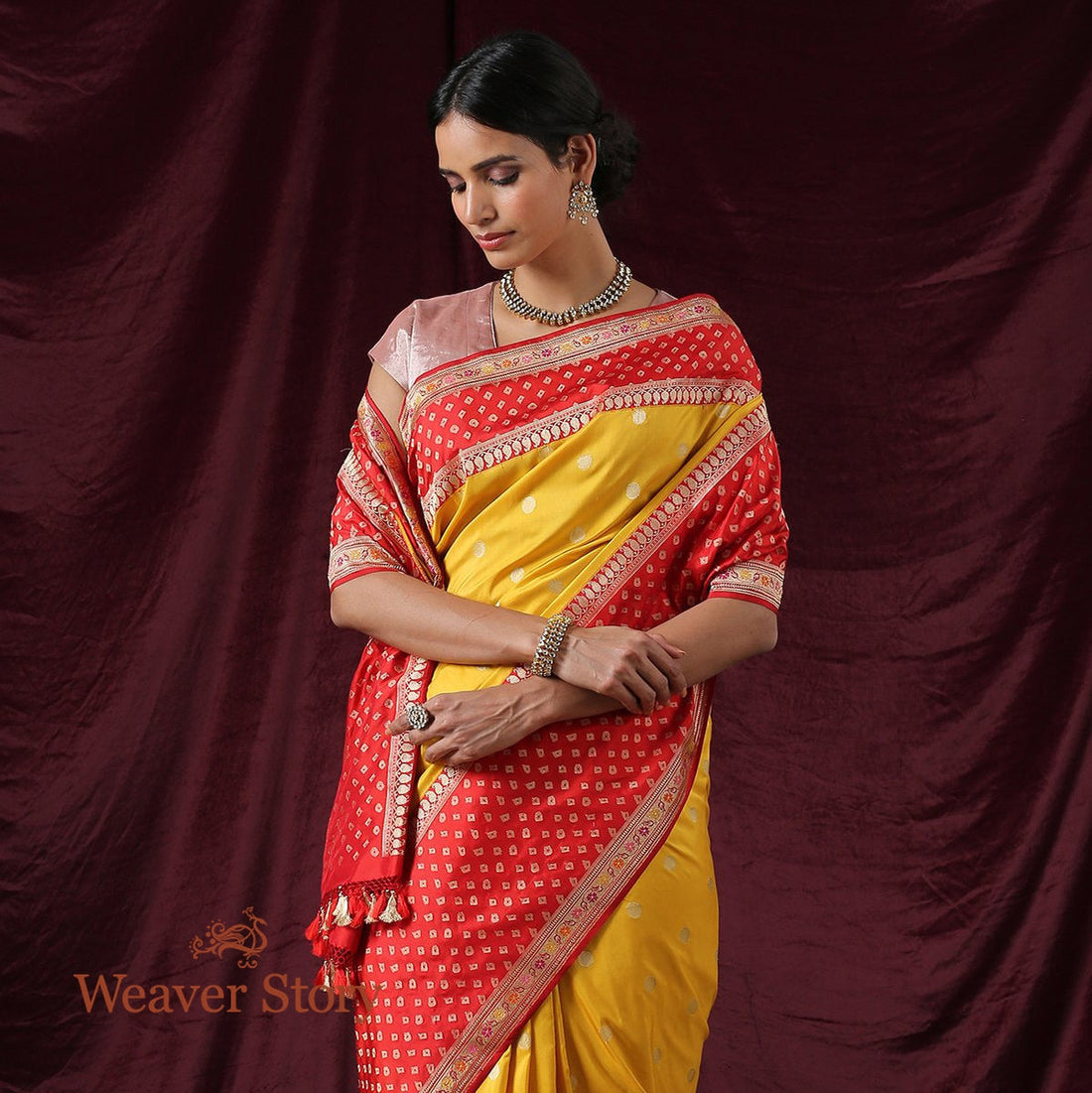 Handwoven_Yellow_Ektara_Silk_Saree_with_Red_Border_WeaverStory_01