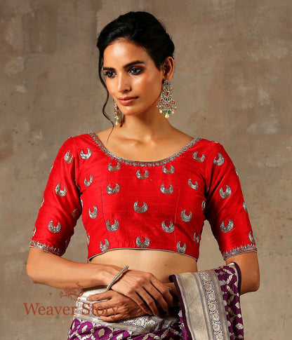 Red_Raw_Silk_Blouse_with_Chaand_Boota_Zardozi_Embroidery_WeaverStory_01