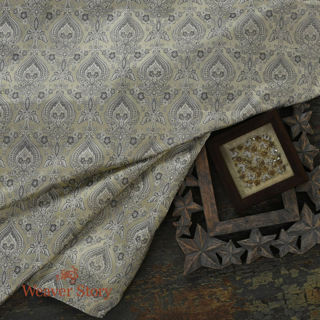 Handloom_Beige_Jamawar_Fabric_with_Mehraab_Jaal_Woven_in_Black_WeaverStory_01