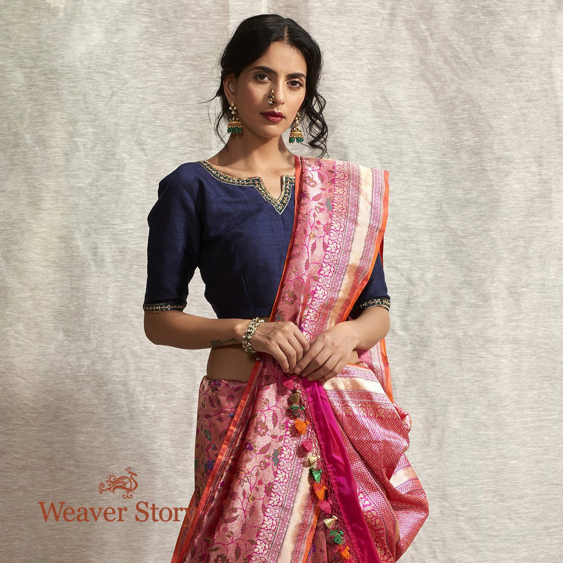Handwoven_Pink_All_Over_Zari_Kadhwa_Meenakari_Jangla_Saree_WeaverStory_01