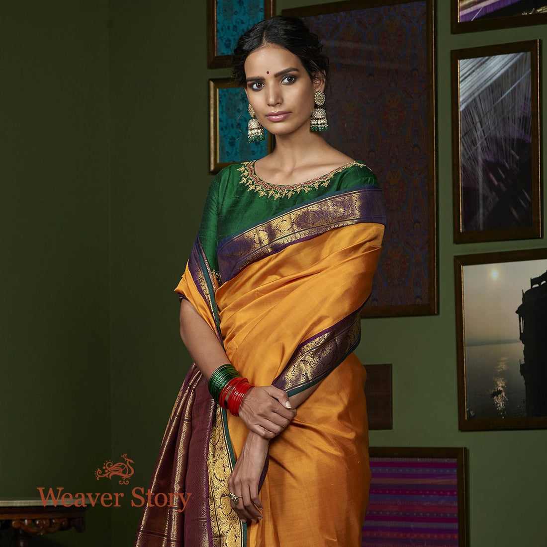 Handwoven_Mustard_Pure_Zari_Kanjivaram_Saree_with_Purple_Border_WeaverStory_01