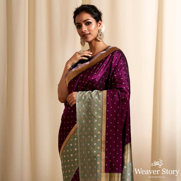 Handwoven_Wine_Oval_Dots_Saree_with_Check_Border_WeaverStory_01