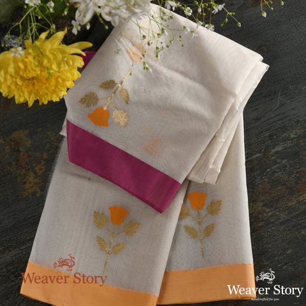 Handwoven_Offwhite_Cotton_Silk_Chanderi_Dupatta_with_Rose_Flower_Motif_WeaverStory_01