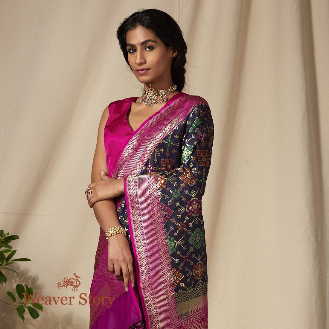 Handwoven_Navy_Blue_Meenakari_Banarasi_Patola_Saree_with_Purple_Border_WeaverStory_01