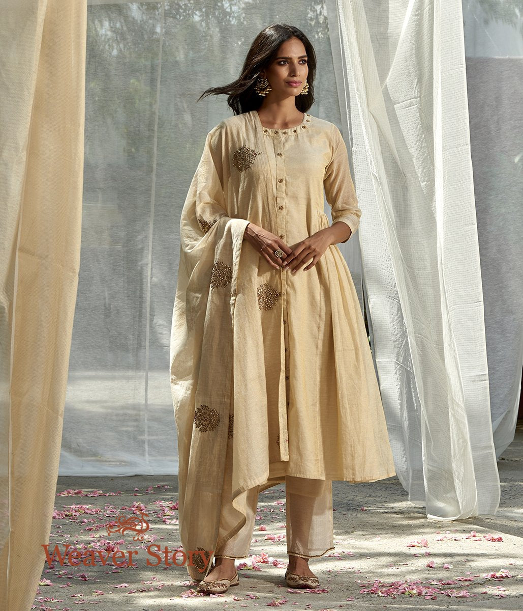 Handwoven_Offwhite_Chanderi_Tissue_Tunic_with_Pleated_Panel_WeaverStory_01