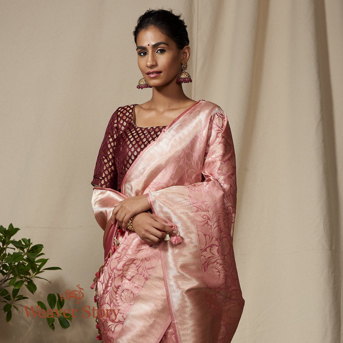 Handwoven_Light_Pink_Banarasi_Saree_with_Gold_Chevron_Border_WeaverStory_01