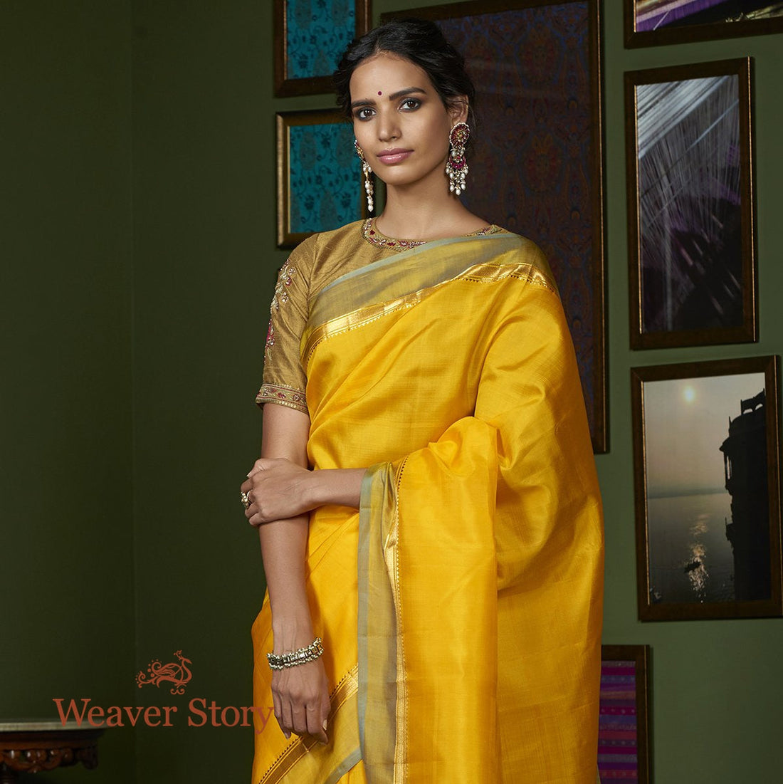 Handwoven_Yellow_Kanjivaram_Silk_Saree_with_Light_Green_Border_WeaverStory_01