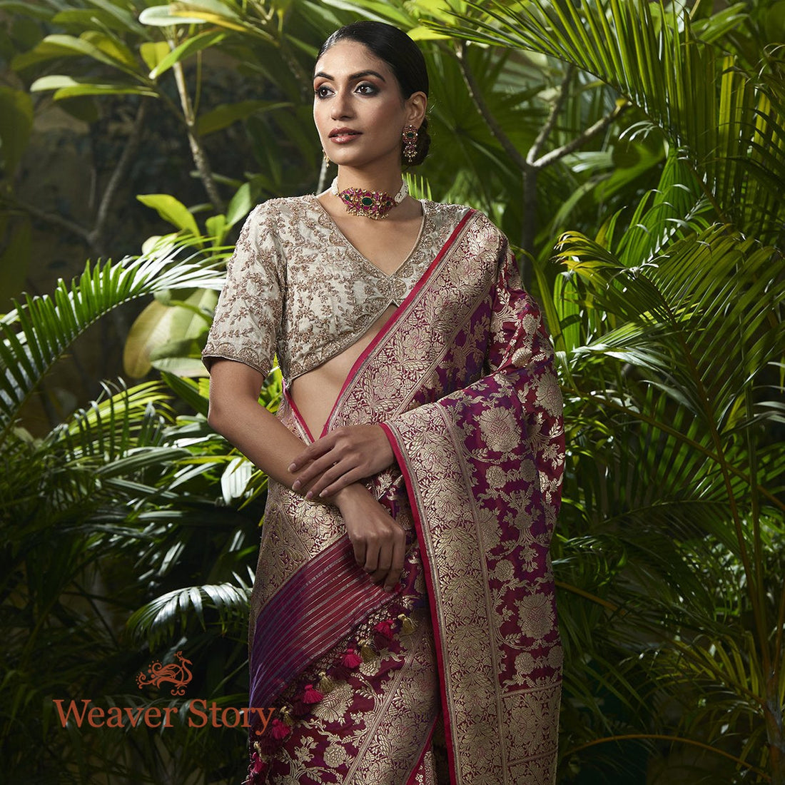 Handloom_Garnet_Red_Kadhwa_Jangla_Saree_with_Rani_Meenakari_WeaverStory_01