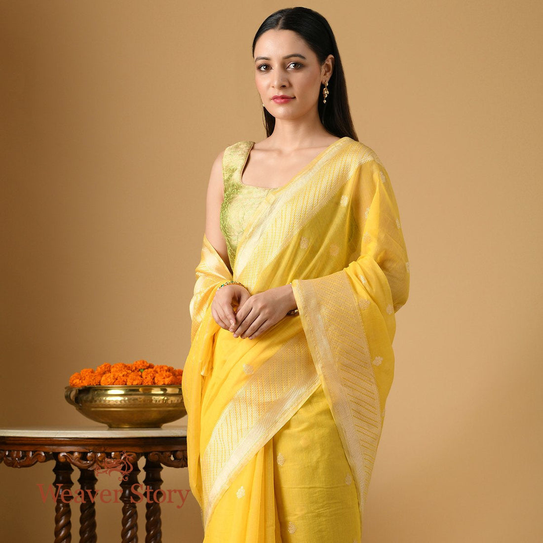 Handloom_Yellow_Cotton_Kora_Banarasi_Saree_WeaverStory_01