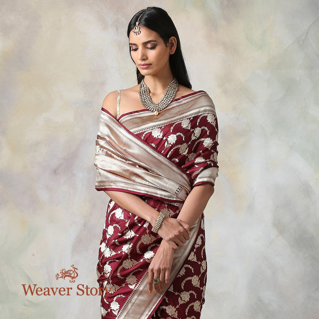 Handwoven_Wine_Cutwork_Jangla_Saree_with_a_Brocade_Blouse_WeaverStory_01