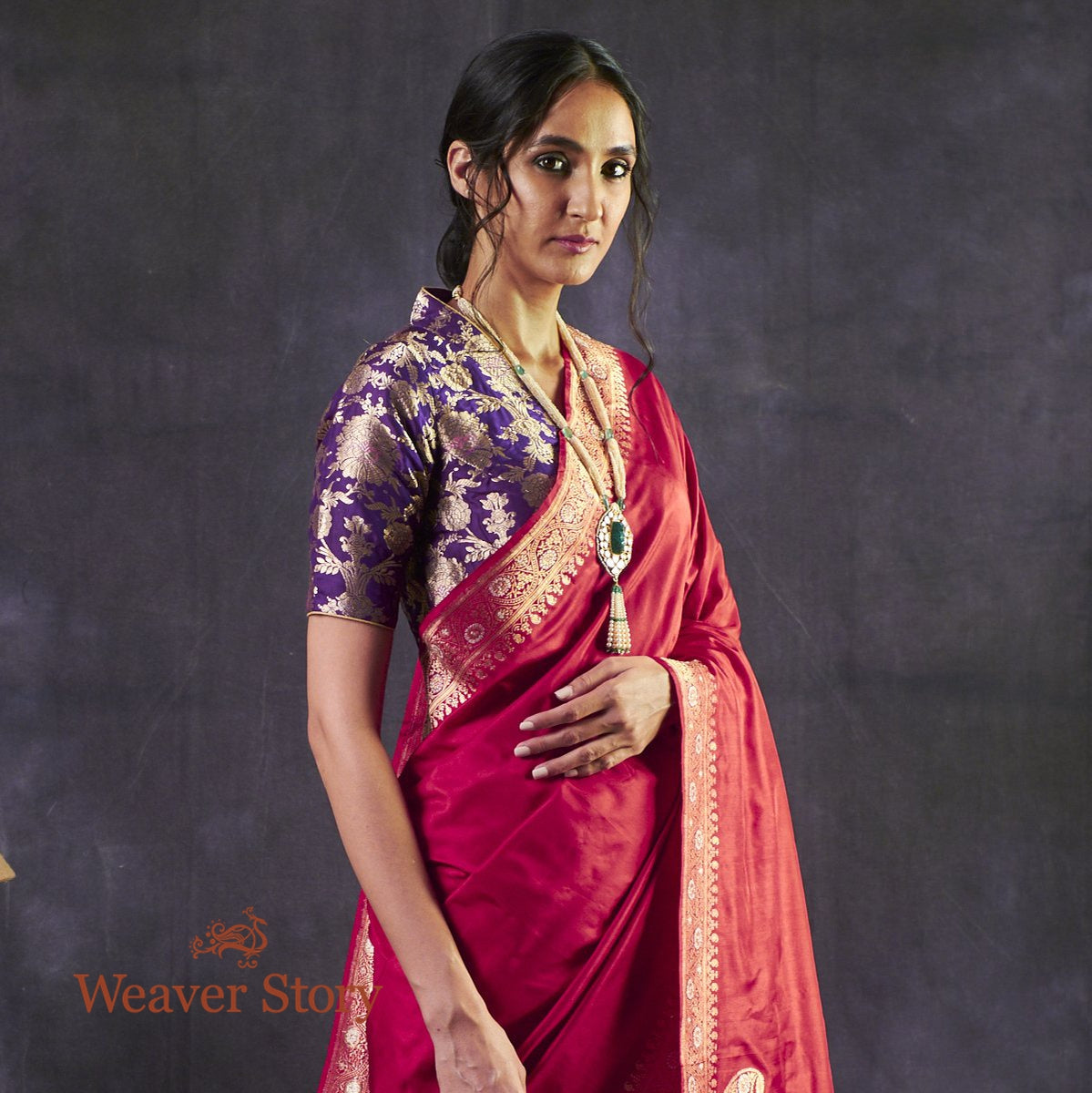 Handwoven_Red_Plain_Saree_with_Gold_and_Silver_Meenakri_Border_WeaverStory_01