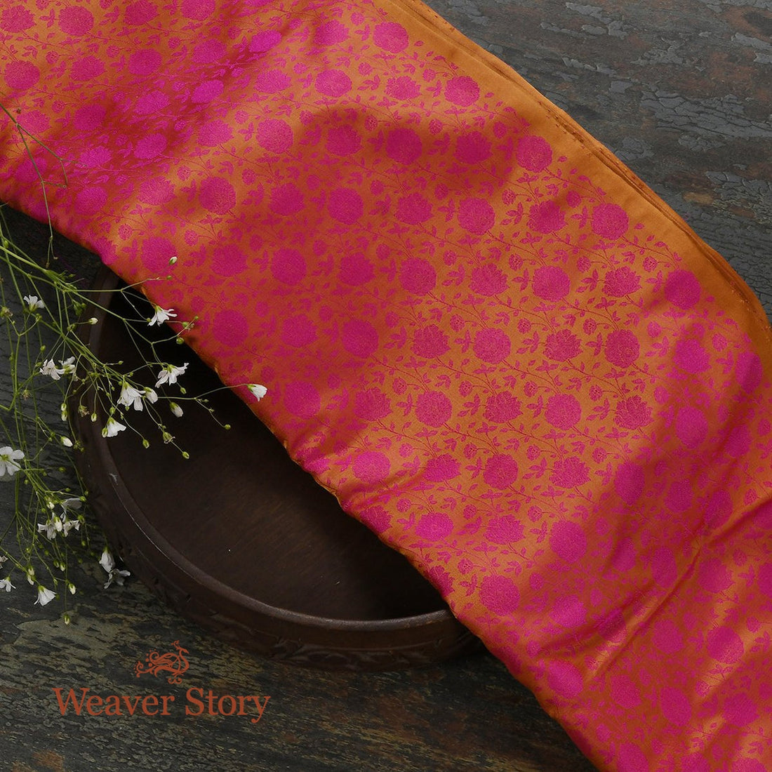 Handloom_Mustrad_and_Pink_Floral_Tanchoi_Fabric_WeaverStory_01