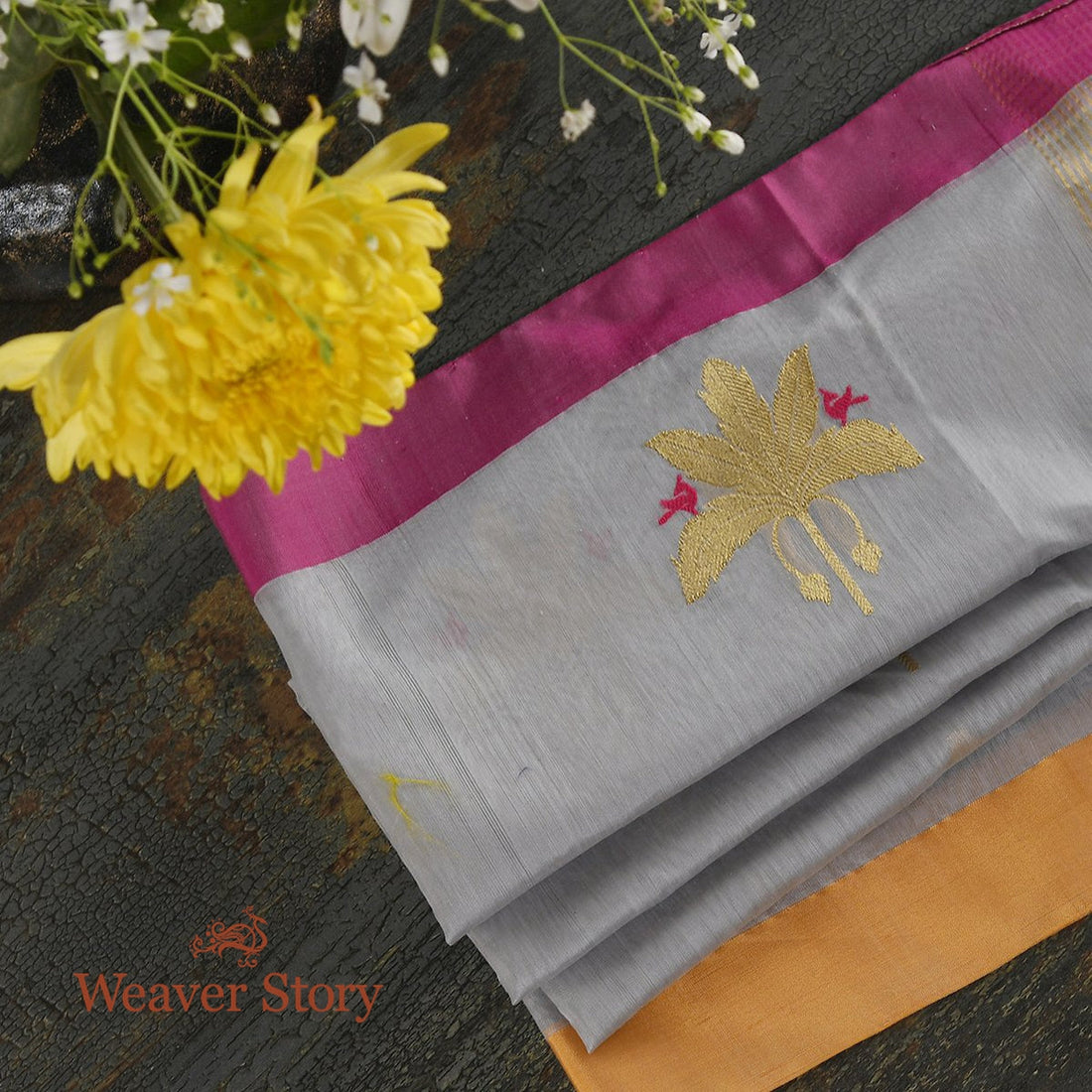 Handloom_Grey_Cotton_Silk_Chanderi_Dupatta_with_Gold_Leaf_Motif_WeaverStory_01