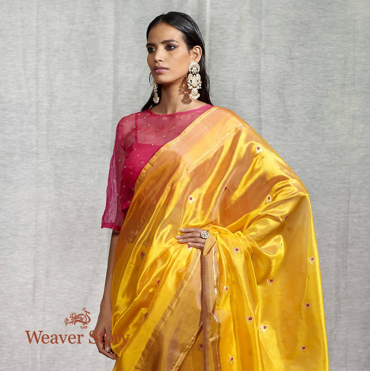 Handwoven_Yellow_Gold_Saree_with_Small_Floral_Booti_WeaverStory_01
