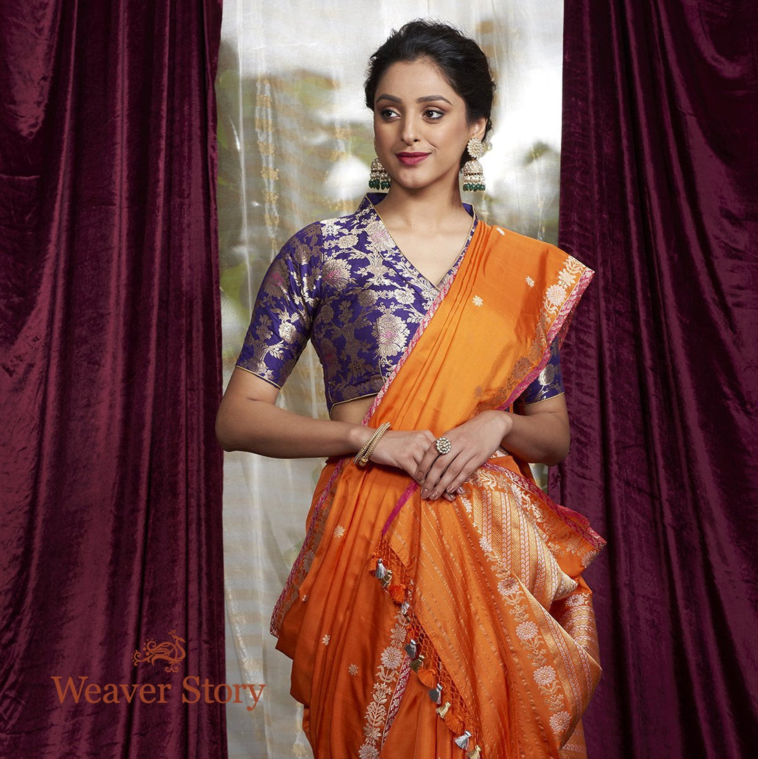 Handloom_Orange_Kadwa_Boota_Saree_with_Small_Border_WeaverStory_01
