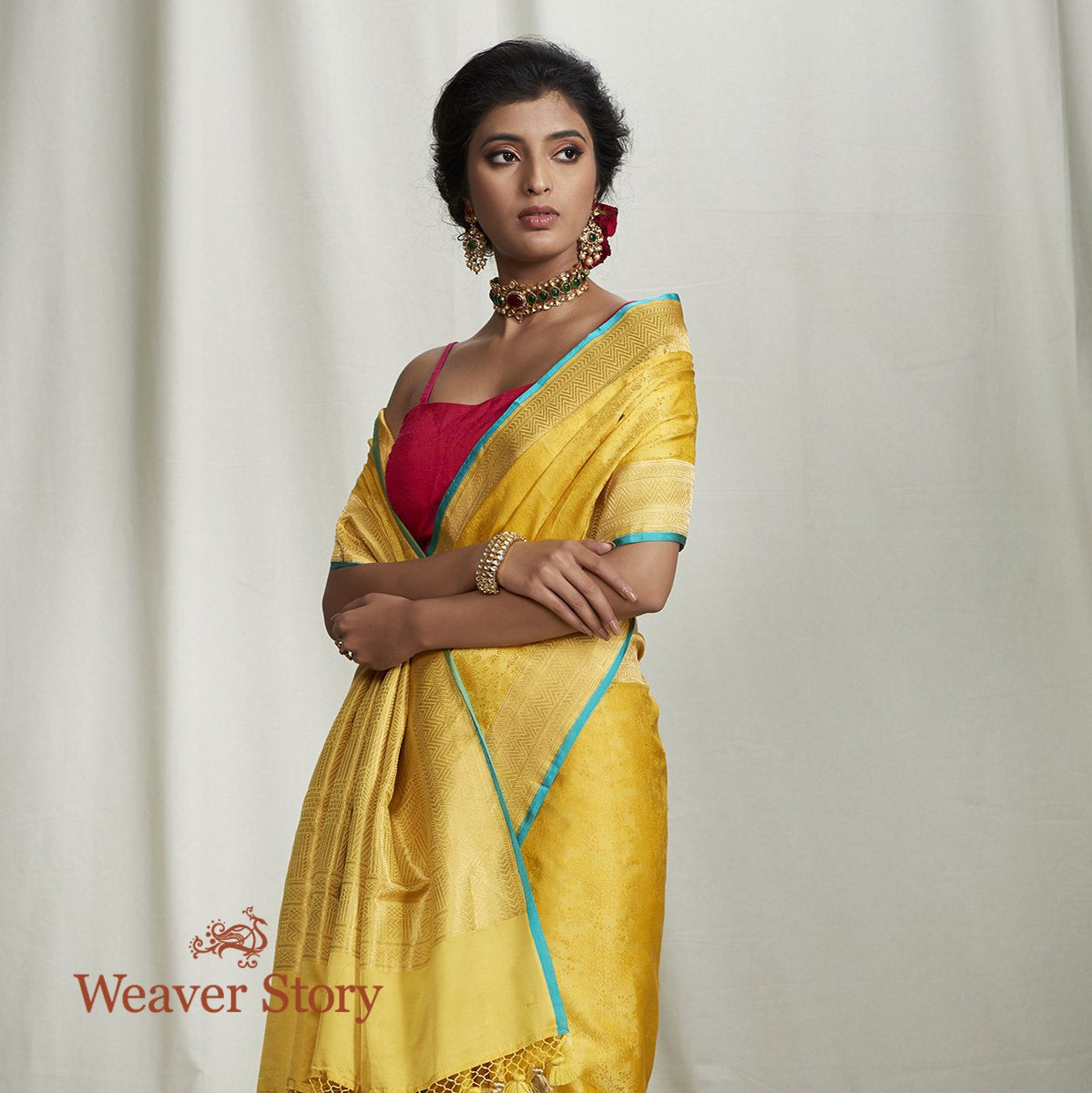 Handwoven_Yellow_Tanchoi_Saree_with_Gold_Border_WeaverStory_01