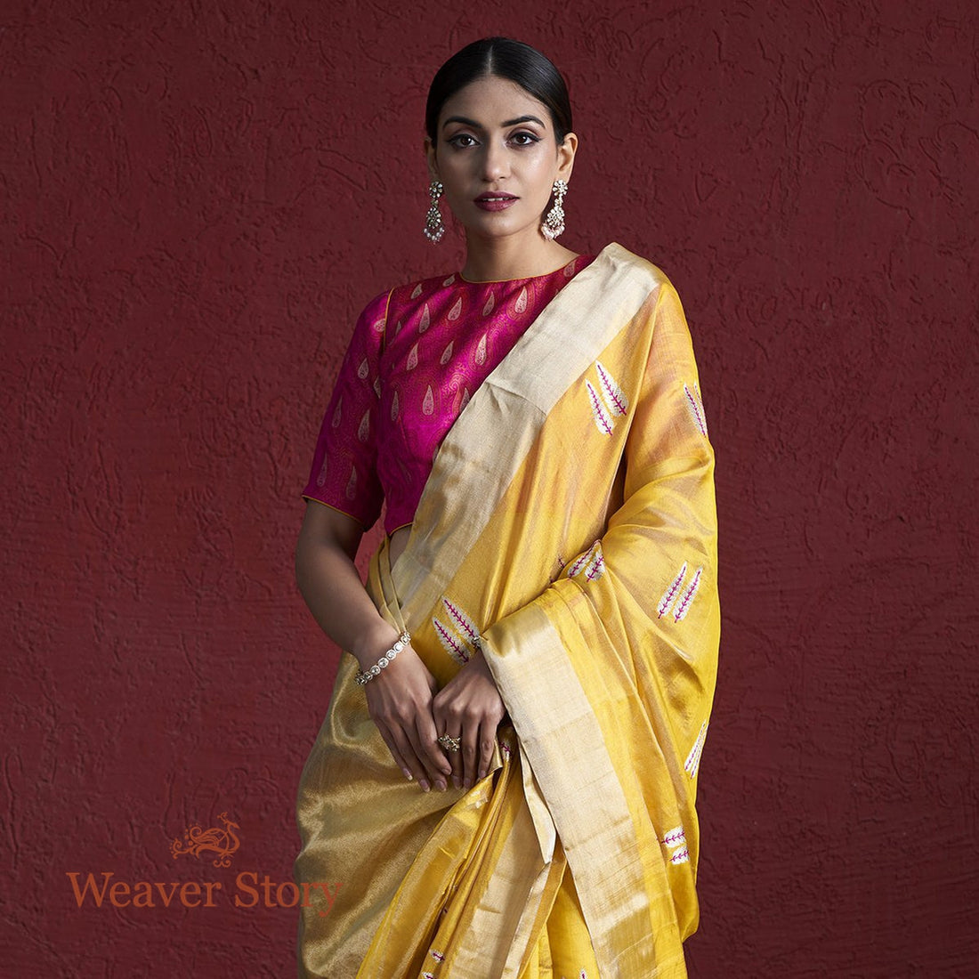 Handloom_Mustard_Chanderi_Tissue_Saree_with_Twin_Leaf_Motifs_WeaverStory_01