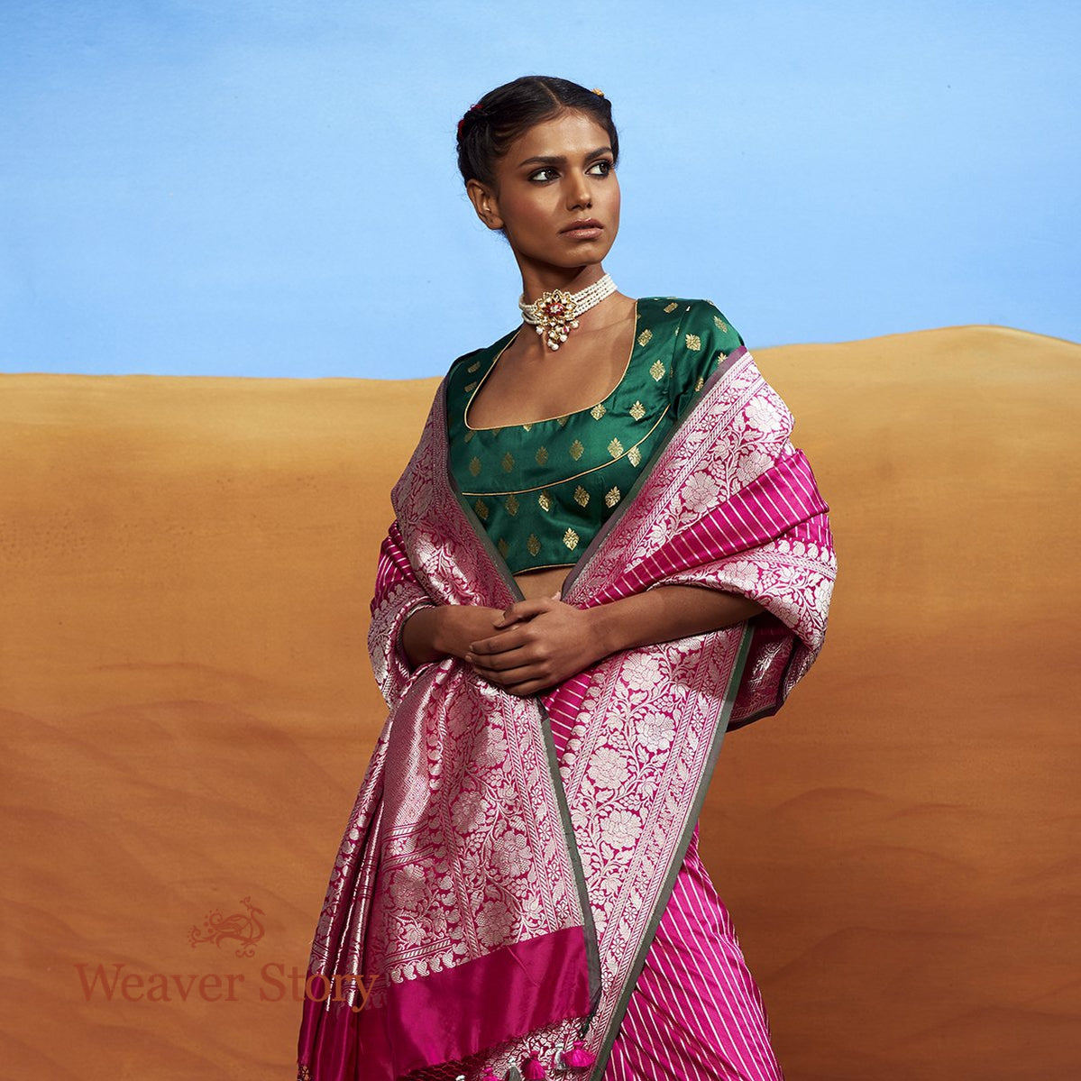 Handwoven_Pink_Plain_Saree_with_Silver_Zari_Stripes_and_Green_Selvedge_WeaverStory_01